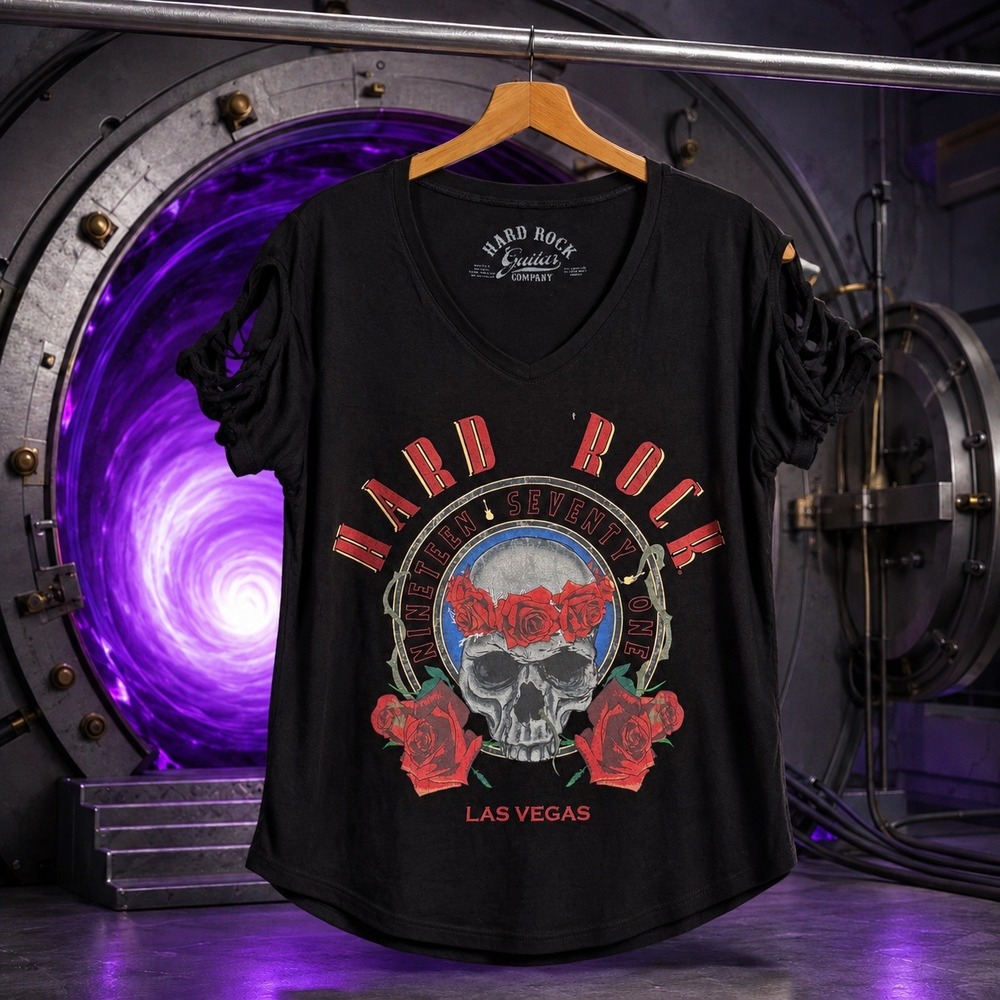 Hard Rock Las Vegas Skull Rose Graphic Tee Black V-Neck Cage Sleeve Small